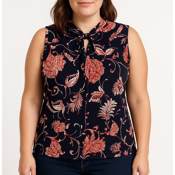 2/$30 Tommy Hilfiger Small Womens Blue/Orange Floral Sleeveless Blouse - Picture 3 of 10